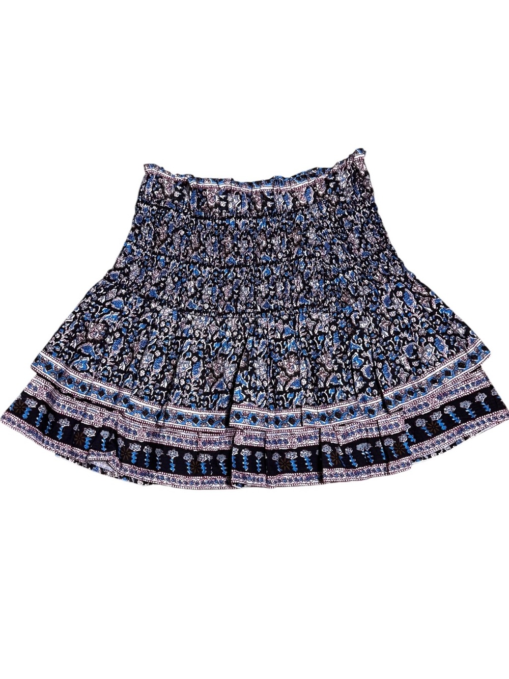Sea New York Amaki Boho Floral Smocked Tiered Ruffle Cotton Brown Mini Skirt S